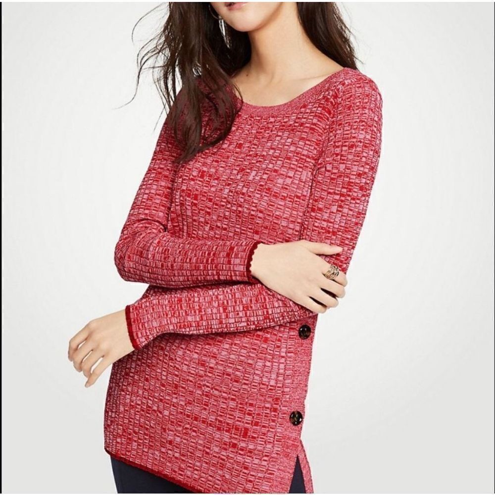 Ann Taylor RedāPink Marledā Ribbed Side Button Sweater szāM